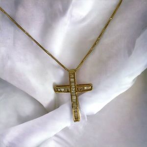 18k Baguette Cut Cross Pendant